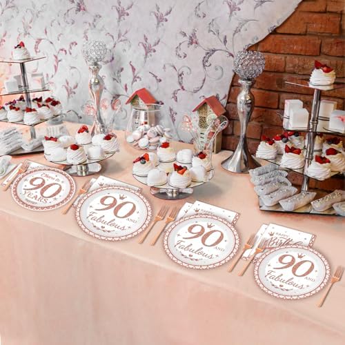 50 Guests 90th Birthday Decorations for Women, Rose Gold 90th Birthday Plates and Napkins Party Supplies 90th Year Fabulous Birthday Disposable Paper Tableware Cheers to 90 Years Dinnerware 200PCS - Image 5