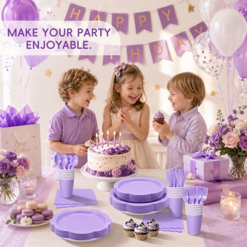 175 Pcs Lavender Party Supplies for 25 Guests, Elegant Paper Plates and Napkins Set with Cups, Knives, Forks & Spoons, Thickened Decagonal Plates for Baby Shower Bridal Shower Tea Party Birthday - Image 6