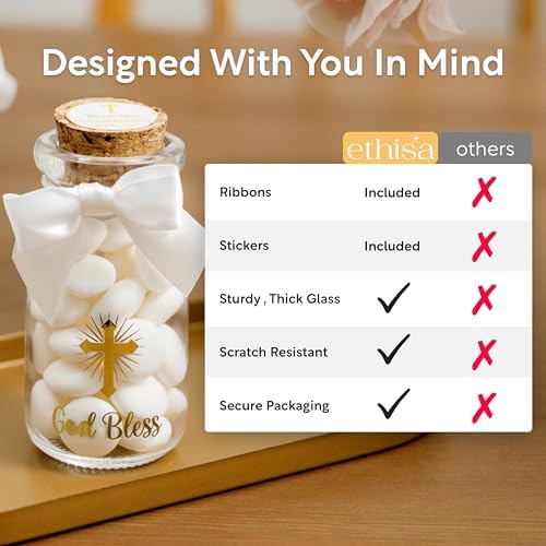 Ethisa Vintage 12 Pack Baptism Glass Bottles with Ribbons and Stickers - Classy God Bless Party Favors for Baptism and 1st Communion - Bautizo Table Centerpiece Decoration - Baby Christening Candy Jar - Image 5