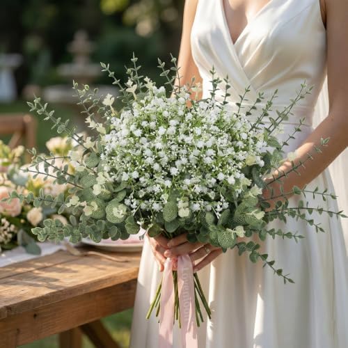 lovemoon 200 Pcs Mixed Greenery Artificial Eucalyptus Stems, Baby Breath Artificial Flowers Bulk and Eucalyptus Leaves for Wedding Bouquets Home Office Floral Decor (200, Green and White) - Image 3