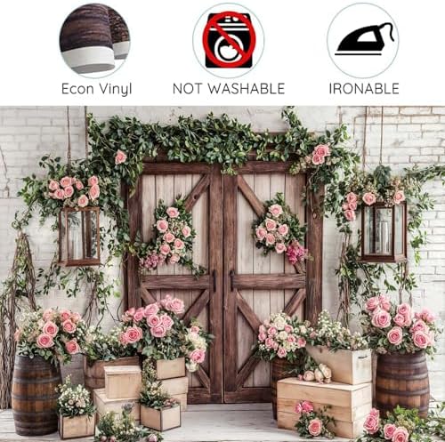 10x10ft Country Wedding Photography Backdrop Floral Rustic Roses Farmhouse Wooden Door Backdrop Pink Flower Birthday Baby Shower Wedding Bridal Party Banner Photo Booth Props Anniversary Background - Image 6