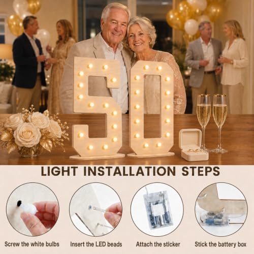 Pooqla 50th Birthday Decorations, 17.3 in Tall Wooden Light Up Numbers - Image 2