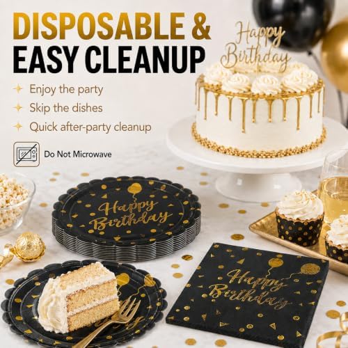50PCS Happy Birthday Paper Plates and Napkins - 7 Inch Birthday Cake Plates Scalloped Black and Gold Dessert Plates and 6.5 Inch Napkins Disposable Tableware Set, Serves 25 - Image 6