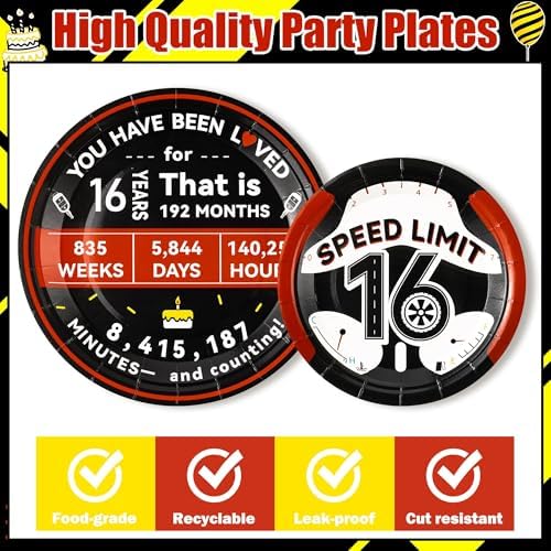 96Pcs 16th Drivers License 16 Years Old Warning Steering Wheel Party Plates Supplies Tableware Decorations Disposable Paper Plates Napkins Forks for Birthday, Serves 24 - Image 3