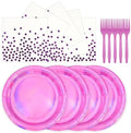 72Pcs Iridescent Pink Plates and Napkins Party Supplies, Hot Pink Holographic Disposable Paper Plates Napkins with Forks Tableware Set for Birthday Graduation Kpop Party Decorations by Unknown