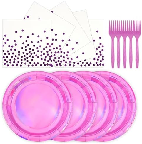 72Pcs Iridescent Pink Plates and Napkins Party Supplies, Hot Pink Holographic Disposable Paper Plates Napkins with Forks Tableware Set for Birthday Graduation Kpop Party Decorations by Unknown