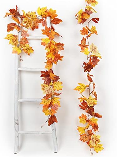 DearHouse 2 Pack Fall Maple Leaf Garland - 5.9Ft/Piece Hanging Vine Artificial Autumn Foliage for Thanksgiving, Home, Wedding, Fireplace, Party, Christmas Decor (Light Orange) - Image 3
