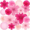 19 Pcs Pink Party Decorations, Light-Hot Pink Hanging Paper Lanterns, Paper Flowers Fans, Tissue Pom Poms, Floral Backdrop Wall Decor for Birthday Baby Showers Bridal Wedding Valentines Classroom by PreJoyStar