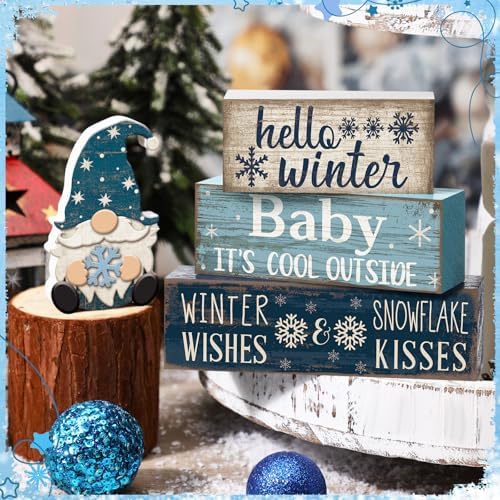 Moucuny 4 Pcs Winter Wood Block Signs Gnome Farmhouse Table Decoration - Image 5