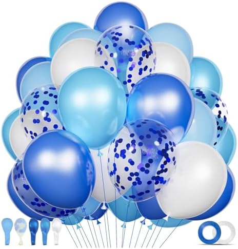 68Pcs Blue and White Balloons Kit 12 Inch, Blue Confetti Balloons Light Blue Baby Blue Pearl White Party Balloons with Ribbons for Birthday, Wedding, Baby Shower, Graduation Decorations by KUULBELAballoons