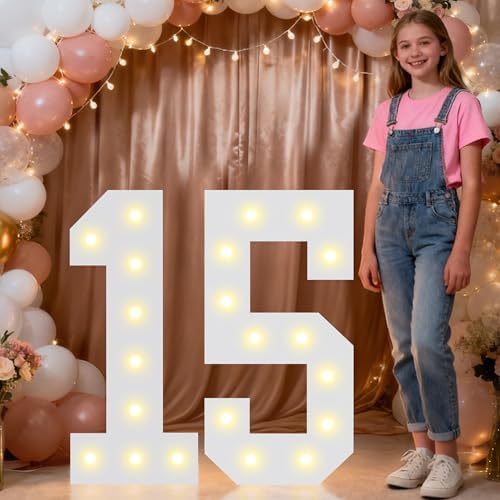 Pooqla 2.4FT Light Up Numbers for 15 Year Old Boy Girl Gifts, Marquee Numbers 2.4 Feet Tall Party Decor for Her Him, Mosaic Big Sign for 15th Birthday Decoration Backdrop, Warm White Large Number 15 by Pooqla