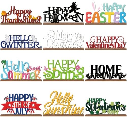 12 Pcs Interchangeable Seasonal Decor Holiday Sign Wooden Desk Table Decor by Unknown