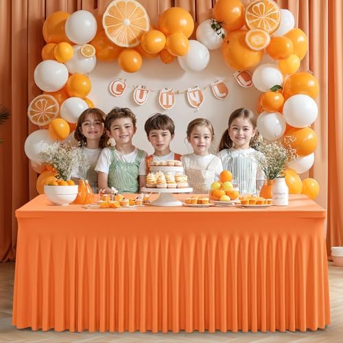 Wish Care 2 Pack Orange Spandex Table Clothes for 6 Foot Rectangle Tables, 6FT Wrinkle Free Fitted Tablecloths Ruffles Design Table Cover for Party, Banquet, Wedding and Events - Image 5