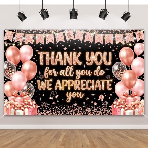 Appreciate You Banner Decorations, Pink Silver Thank You for All You Do Backdrop Banner, Reusable Anti-Tear Fabric Background with 6-Meter Hanging Rope, Office Employee Staff Teacher Appreciation Party Supplies 71x43Inch by Bafode
