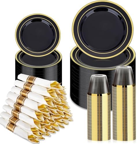 BESTVIP 350 Piece Black Gold Dinnerware Set for 50 Guests by Bestvip