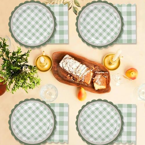 150 Pcs Sage Green Gingham Party Supplies, Green Plaid Scalloped Plates 9 Inch Disposable Checkered Dinner Dessert Plates and Cocktail Napkins for Birthday Wedding Baby Shower BBQ Party, Serve 50 - Image 7