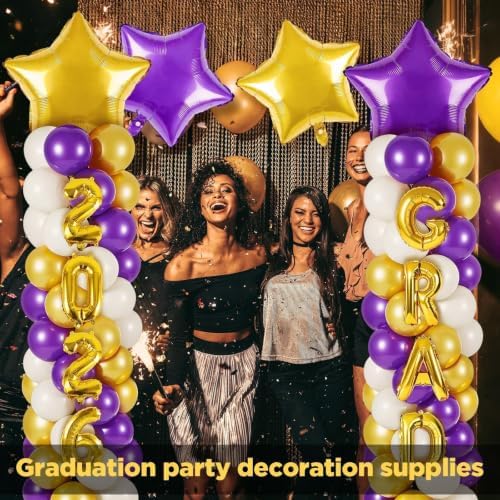 2 Sets Graduation Balloon Column Stand Kits with 132 PCS Purple Golden White Latex Balloons 2026 Letters 6.5 Ft Adjustable Metal Tube Telescopic Tower Pillar with Base for Graduation Party Decoration - Image 2