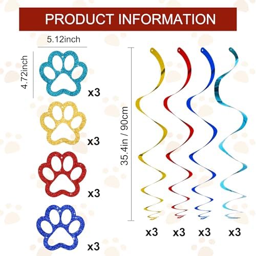 BEISHIDA 12 Pcs Pre-Strung Dog Hanging Swirl Decorations, Dog Birthday Themed Party Decoratios, Colorful Paw for Kids Boys Pet Birthday Party Baby Shower Supplies Decor - Image 2