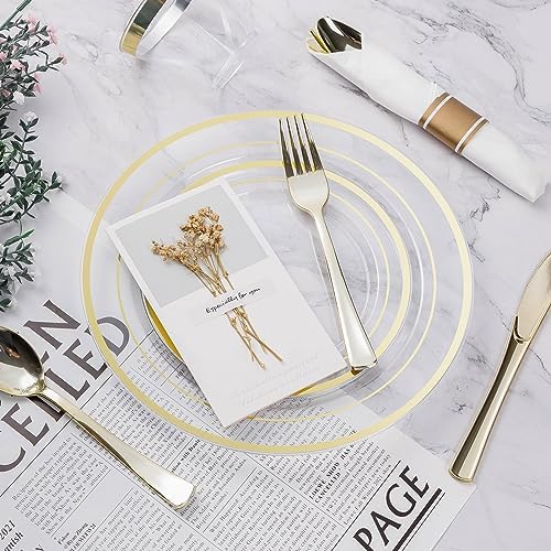 BESTVIP 175 Piece Clear Gold Plastic Dinnerware Set for 25 Guests - Image 5