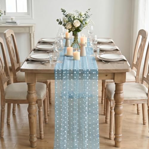 Artoid Mode Light Blue Gauze Flocking White Dots Table Runner 10FT,Summer Sheer Dining Table Decor for Wedding Anniversary Holiday Birthday Home Party - Image 3