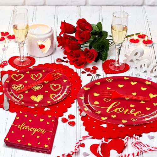96 Pieces Valentine’s Day Love Tableware Set – Red and Gold Heart Disposable Plates, Napkins, and Forks for Romantic Dinners, Wedding, Anniversaries, and Valentine Celebrations – Serves 24 Guests - Image 5