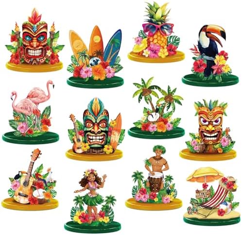 Wesiti 12 Pcs Hawaiian Luau Party Table Decorations Tiki Totem Table Centerpiece Wooden Tropical Aloha Signs Decor for Hawaiian Birthday Wedding Beach Party Supplies by Unteilti