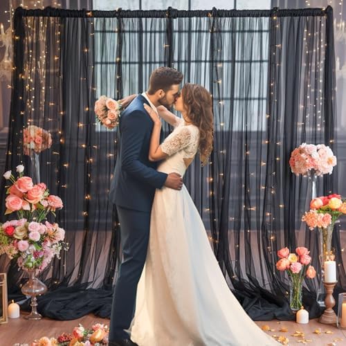 20x8ft Black Tulle Backdrop Curtain with Lights String for Parites, Sheer Photo Backdrop Curtains with Lights for Wedding Backdrop Ceremony Reception Bridal Shower Baby Shower Birthday Party - Image 5