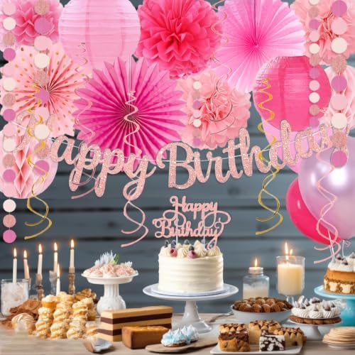 Hot Pink Boho Birthday Party Decorations - 62pcs Happy Birthday Banner, Pink Rustic Paper Lanterns, Streamers, Tissue Pom Poms, Rose Gold Blush Party Balloons, Birthday Decorations for Women Girl - Image 4