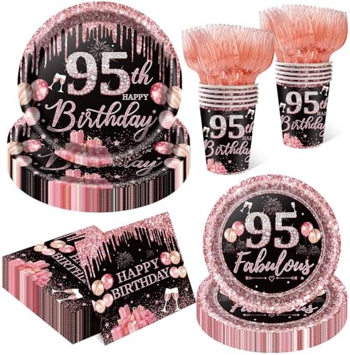 250PCS 95th Birthday Party Decorations for 50 Guests Black and Rose Gold Party Supplies for Women Include Disposable Paper Plates, Napkins, Cups, and Disposable Plastic Cutlery (95) by Yaniio
