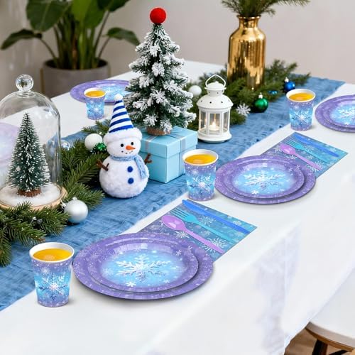 175Pcs Snowflake Paper Plates and Napkin Blue Purple Christms Themed Plate - Image 4