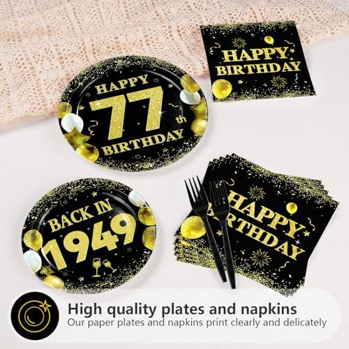 96Pcs Black Gold 77th Birthday Decorations for Men, Serves 24 - Image 3
