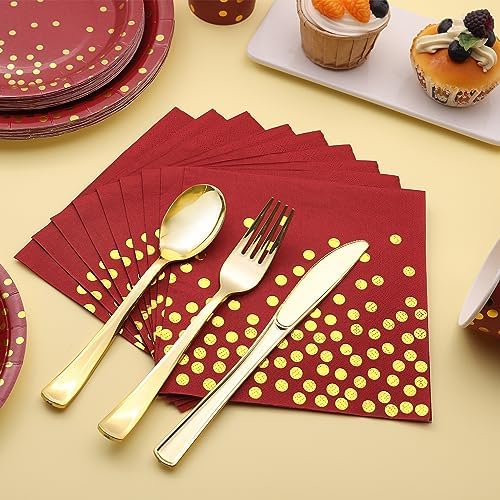 175 PCS Burgundy and Gold Party Supplies - Burgundy Plates and Napkins Sets Serve 25 Guests - Maroon and Gold Paper Plates for Birthday Wedding Graduation Holiday Party Decorations - Image 4