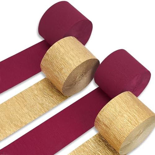 PartyWoo Burgundy Crepe Paper Streamers 4pcs 328 FT Gold Streamers by PartyWoo