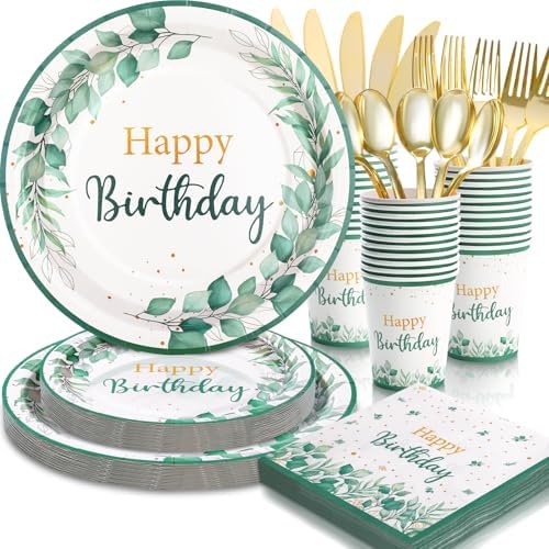 168Pcs Sage Green Birthday Decorations, Plates & Napkins Set by Gudvilla