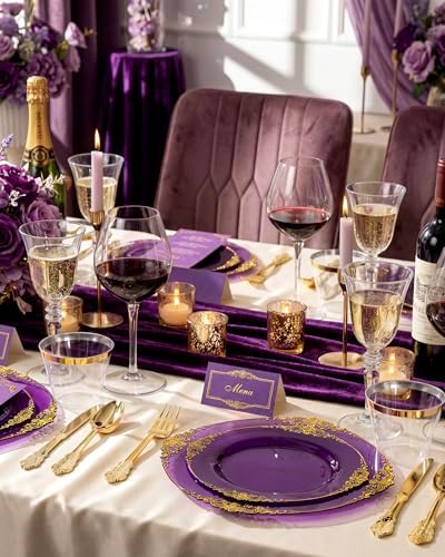 Nervure 350Pcs Purple Plastic Plates, Plastic Dinnerware Set for 50 Guests - Image 6