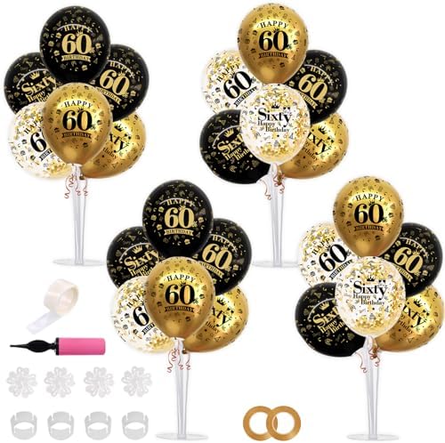 TONIFUL 4 Set Black Gold 60 Printed Balloon Stands for 60th Birthday Decor by TONIFUL