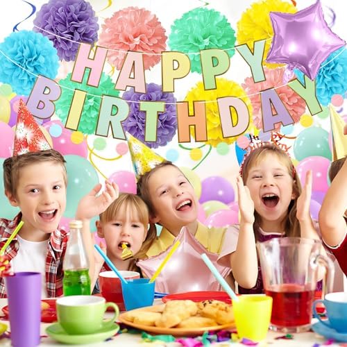 Pastel Birthday Decorations, Multicolored Happy Birthday Banner with Paper Pompoms Party Balloons for Boys Girls Women Party Decorations Supplies - Image 6