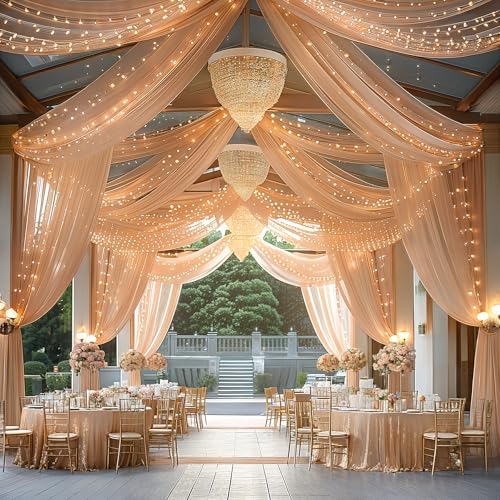 6 Panels Deep Champagne Ceiling Curtains with Lights for Weddings - 5ftx10ft Wrinkle-Free Tulle Fabric Wedding Arch Draping Ceiling Drapes Decorations for Wedding Party Ceremony Stage Tent Event - Image 4