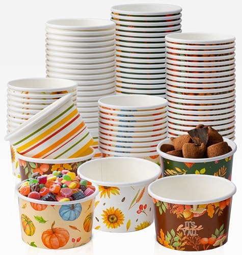 Nihuecne 100 Pcs 9 oz Fall Themed Disposable Dessert Bowls, Thanksgiving Snack Bowls Autumn Themed Paper Disposable Soup Bowls for Hot or Cold Food Autumn Party Supplies by Nihuecne