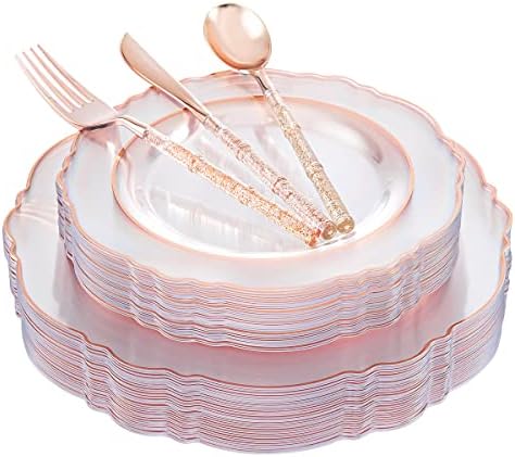 Liacere 150PCS Rose Gold Plastic Plates - Clear Rose Gold Disposable Plates with Glitter Bamboo Handle Cutlery - 60 Baroque Elegant Plates, 30 Forks, 30 Spoons, 30 Knives for Wedding ＆ Party & Summer by Liacere