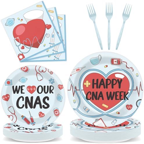 CHUNNIN 96Pcs Happy CNA Week Plates and Napkins Nurse Appreciation Week Party Decorations We Love Our CNAS Dessert Plates Nurse Tableware for 24 Guests CNA Appreciation Week Party Supplies by CHUNNIN