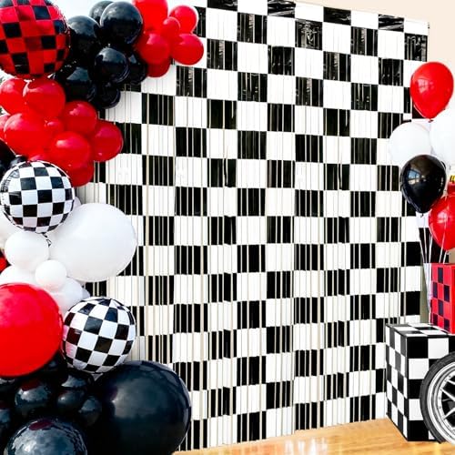 2 Packs Race Car Foil Fringe Curtain, Black White Checkered Glitter Metallic Tinsel Backdrop for Birthday, Baby Shower, Racing Car Truck One Happy Dude Party Decorations Supplies by BSRESIN