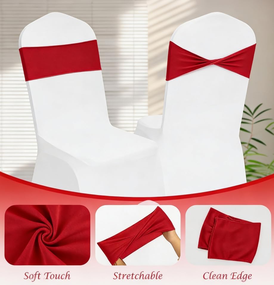 Spandex Red Chair Sashes Bows 60 Pcs Red Chair Sashes Elastic Chair Cover Bands Ties Without Buckle for Wedding Birthday Party Ceremoney Events Decoration - Image 3