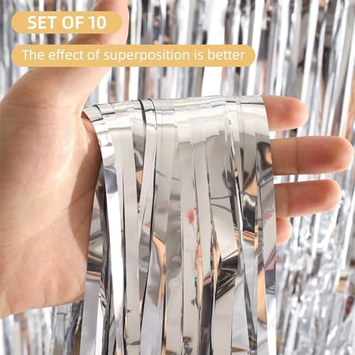 10 Pack Silver Foil Curtain Backdrop 3.2ft x 9.8ft Metallic Tinsel Foil Fringe Curtains Streamer Photo Booth Backdrop for Birthday Party Engagement Bachelorette Party Decorations (Silver) - Image 2