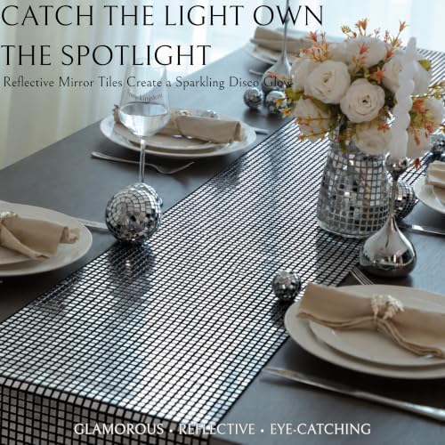 13x72 Inches Black Silver Disco Party Table Runner Glitter Mirror Decor - Image 4