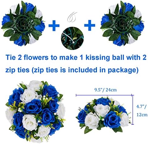 BLOSMON Royal Blue White Flowers: 2 Pcs Fake Roses Flower Balls Centerpiece for Wedding Table - Artificial Silk Kissing Bouquet Floral Arrangement for Home Party Event Decor - Image 4
