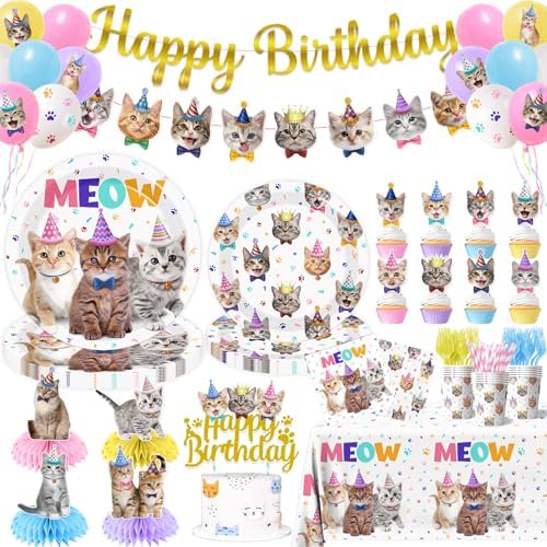 Cat Birthday Decorations,189pcs Cat Party Decorations cat Birthday Plates and Napkins Cups Tablecloth Cake Topper Hanging Swirls Centerpiece Balloon for Ca t Party Supplies by Unknown