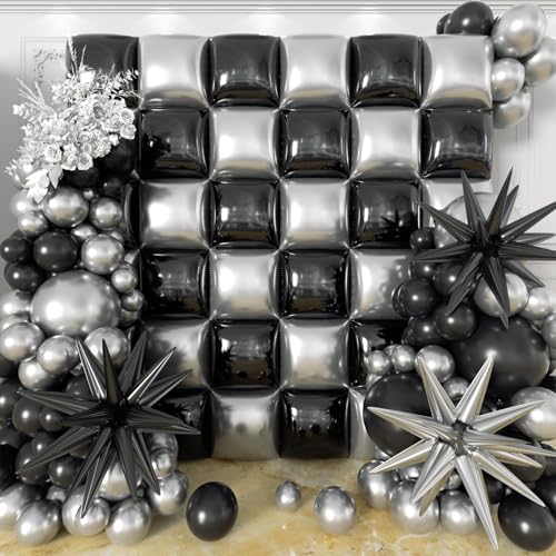 36pcs Black and Silver Square Foil Balloons Wall Backdrop with 147pcs Balloon Garland Arch Kit, Double Sided Balloons for Birthday Anniversary New Year Graduation Prom Party Decorations - Image 4