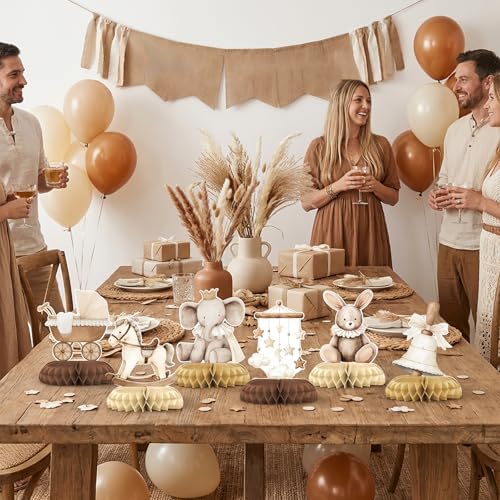 12 Pcs Neutral Baby Shower Decorations - Vintage Boho Baby Shower Centerpieces for Tables - Neutral Honeycomb Table Decor with Baby Essentials Teddy Bear Elephant for Baby Shower 1st Birthday - Image 7