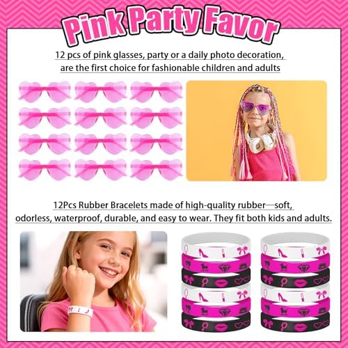 184Pcs Pink Girls Party Favors Pack - For 12Guests, Includ Goodie Box Heart Glasses Straws Bubble Wands Tattoo Sticker Bracelet Keychain, for Kids Girls Birthday Party Decoration Supplies - Image 5